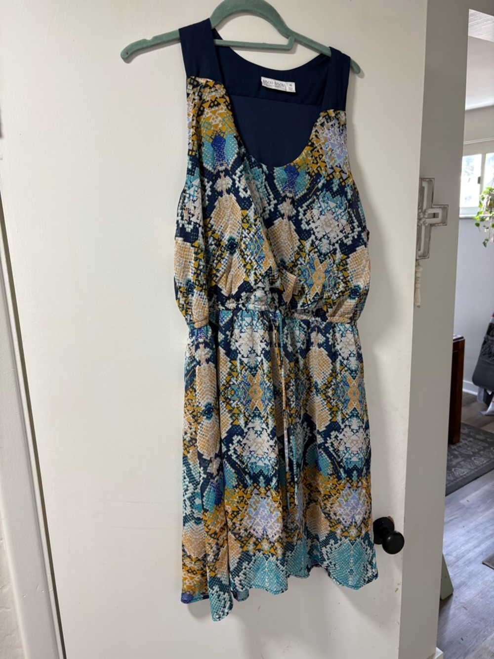 Bisou Bisou Navy Multicolor Printed Scoop Neck Dress with Teal & Mustard Accents